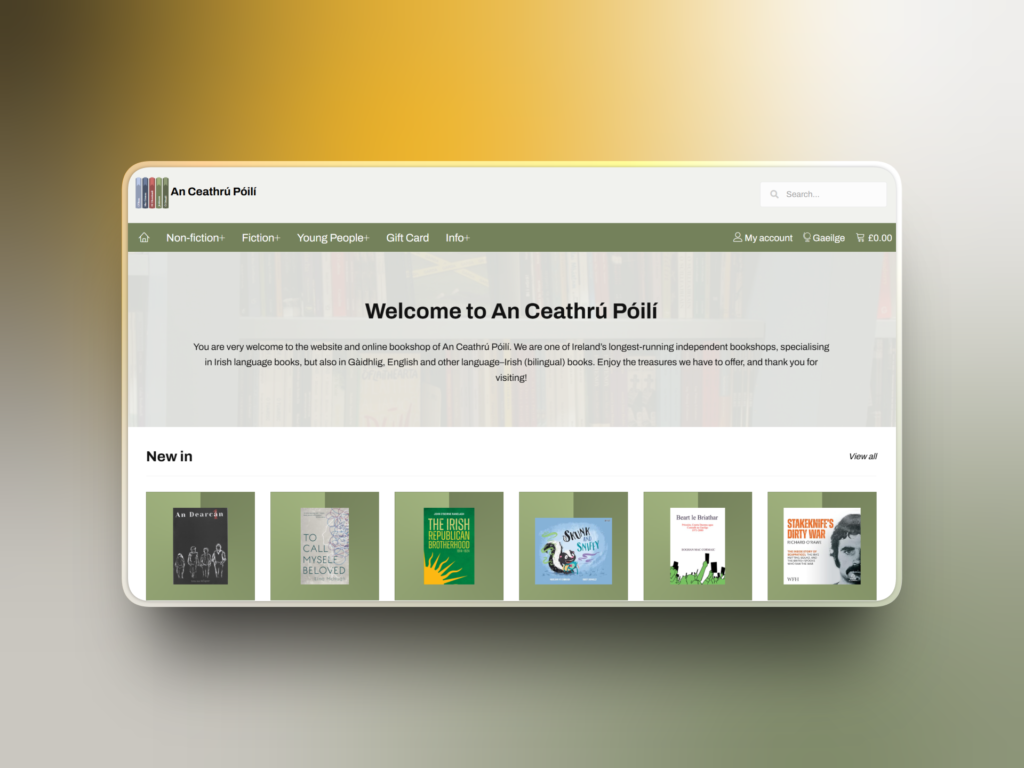 An Ceathrú Póilí bookshop website powered by WooCommerce, with in-store Square POS and bidirectional syncing.